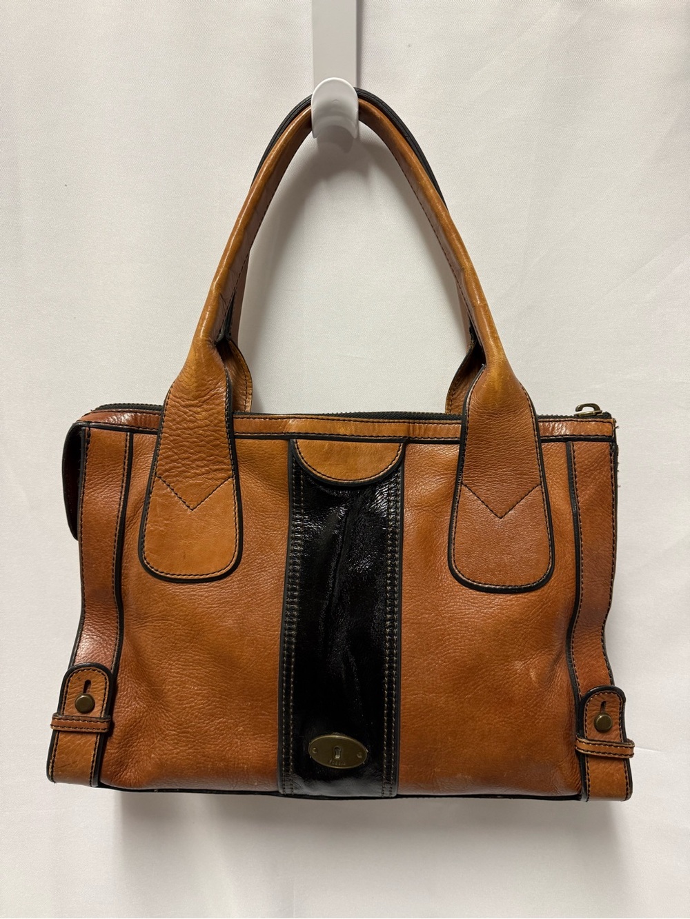 Fossil Brown Black Colorblock Leather Satchel Handbag